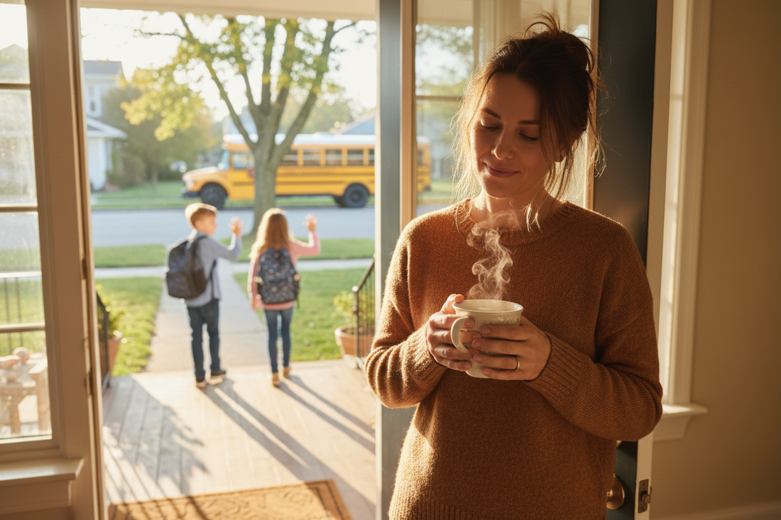 Tired parent watching kids leave for school on a back to school morning